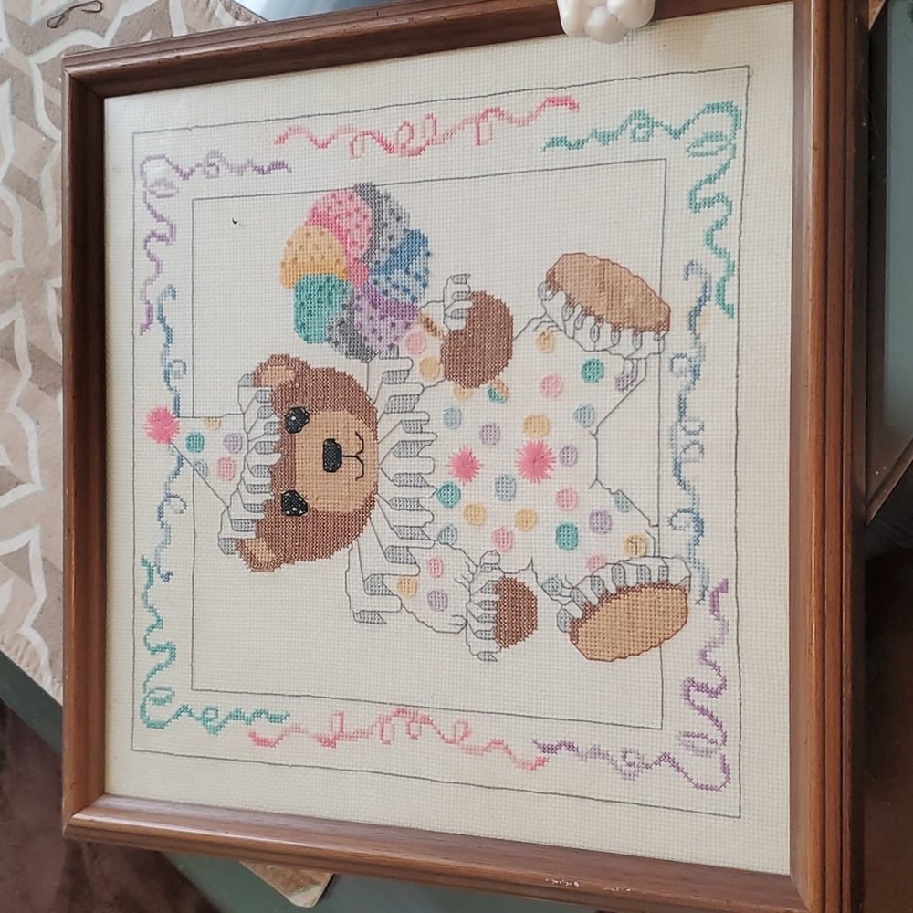 Professionally framed cross-stitch clown Teddy bear